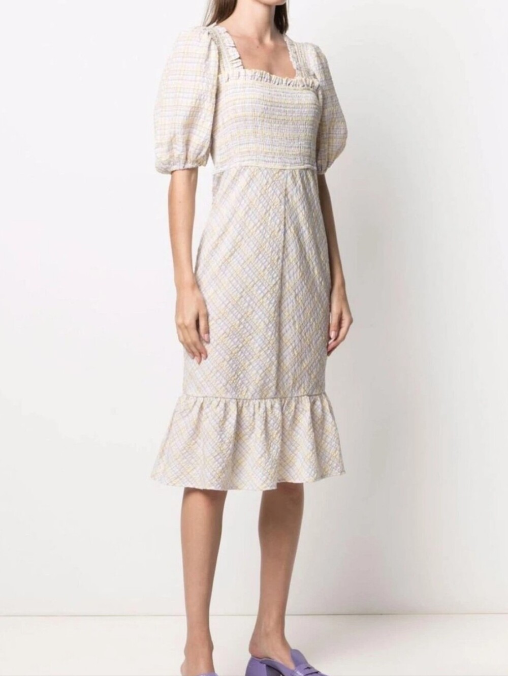 Ganni Smocked Puff-Sleeve Yellow Plaid Midi Dress